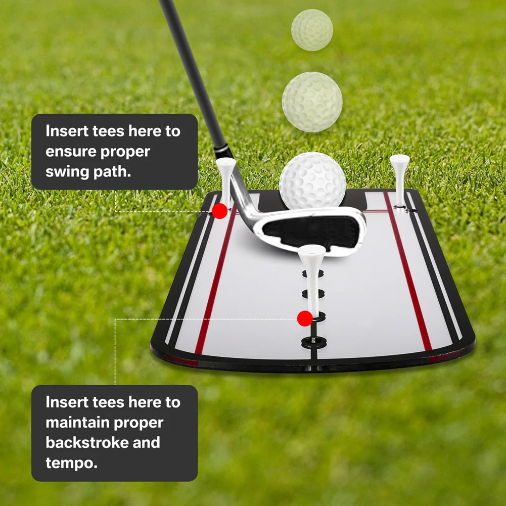 Golf practice mat with golf ball, club, and tees on a grass background