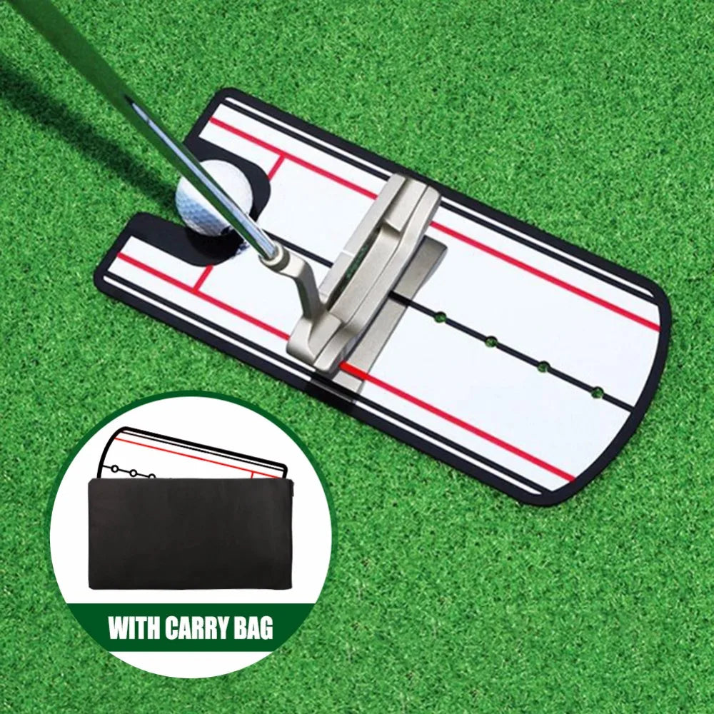 Golf practice mat with golf club and ball on a green surface, featuring a carry bag.
