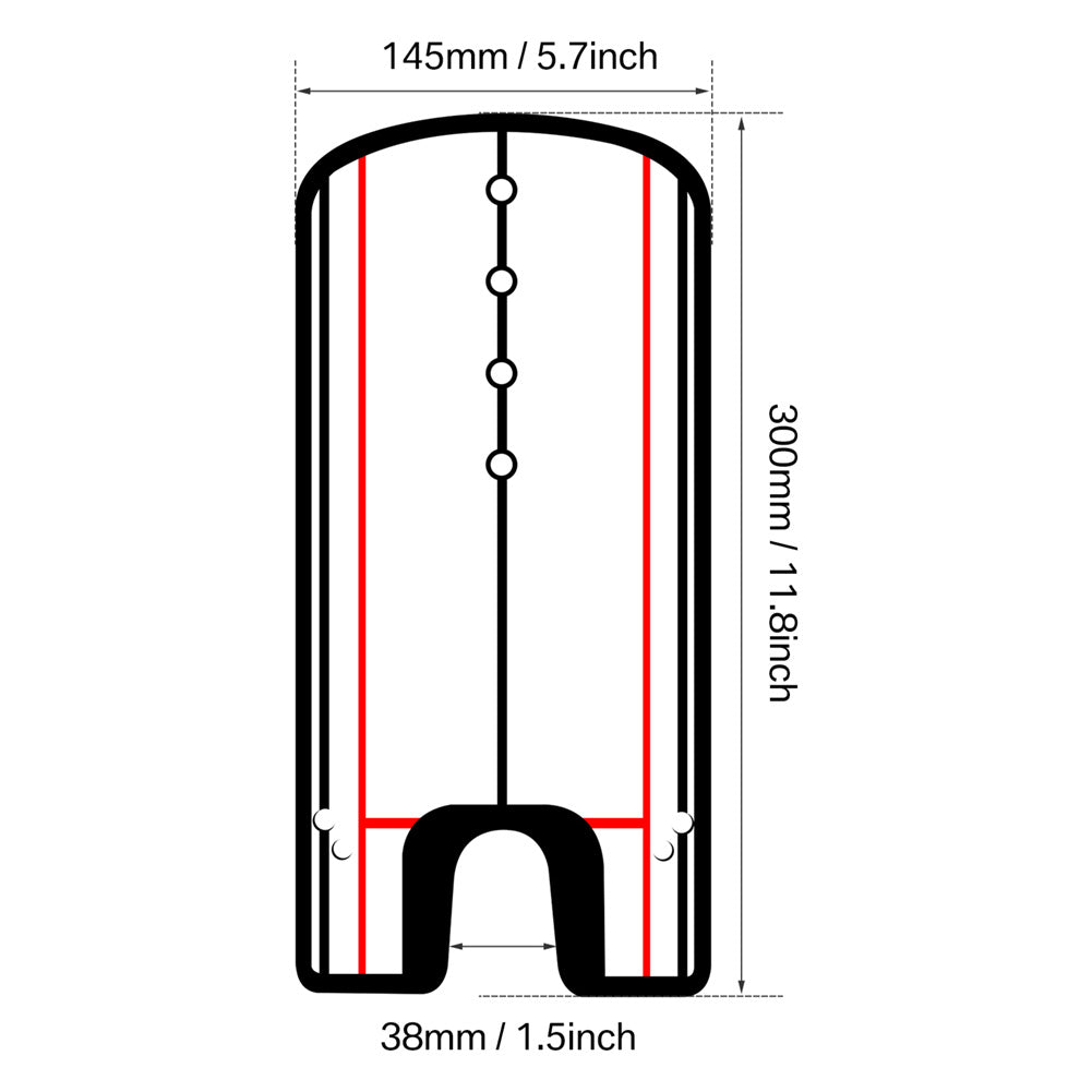 Measurement chart of a black object with dimensions labeled