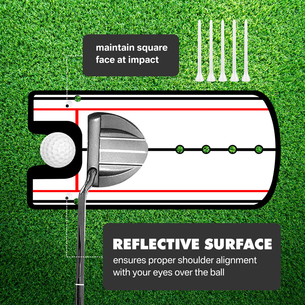 Golf training aid with reflective surface and golf club illustration on a green background