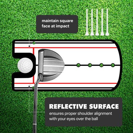 Golf training aid with reflective surface and golf club illustration on a green background
