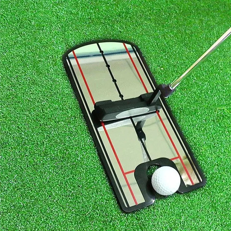 Golf putting practice device with a golf ball on a green surface