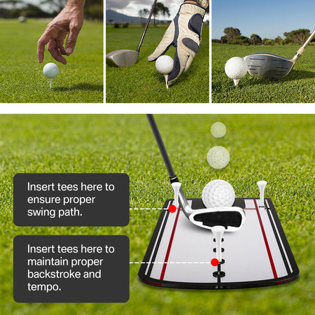 Golf training aid with golf balls and tees on a grassy background
