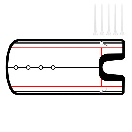 Diagram of a cylindrical object with a red line and white dots on a white background