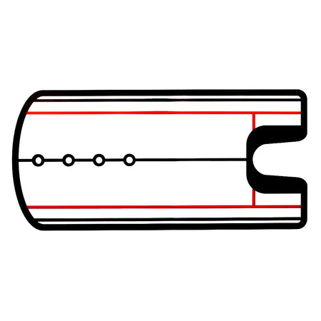 Diagram of a cylindrical object with a red line and black outline on a white background
