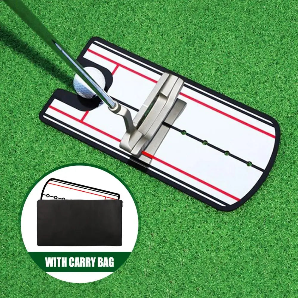 Golf practice mat with golf club and ball on a green surface, featuring a carry bag.