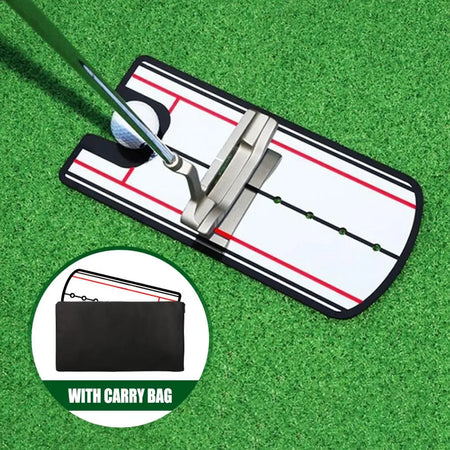 Golf practice mat with golf club and ball on a green surface, featuring a carry bag.