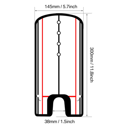 Measurement chart of a black object with dimensions labeled
