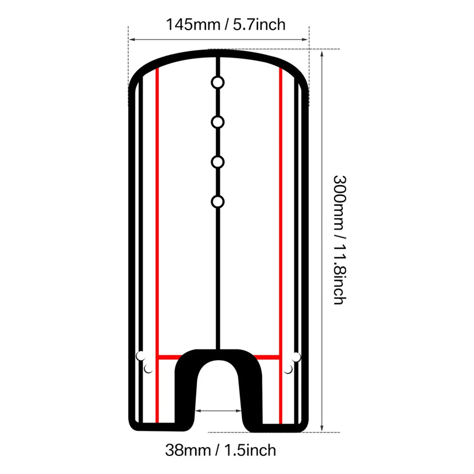 Measurement chart of a black object with dimensions labeled