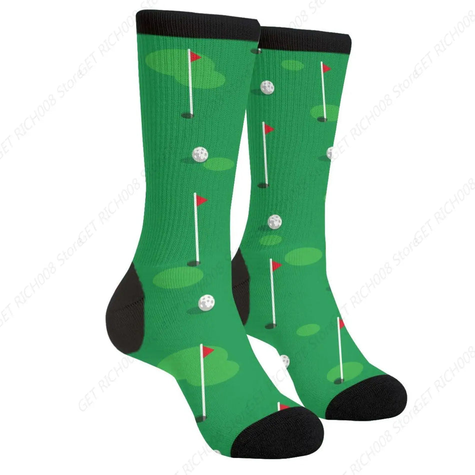 Golf Green Grass Hole On Golf Field Balls Golfing Casual Funny Funky Novelty Fashion Socks For Men Women Print